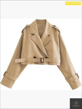 Cropped Trench Coat Slim Fit Double Breasted Belted Vintage Casual Chic